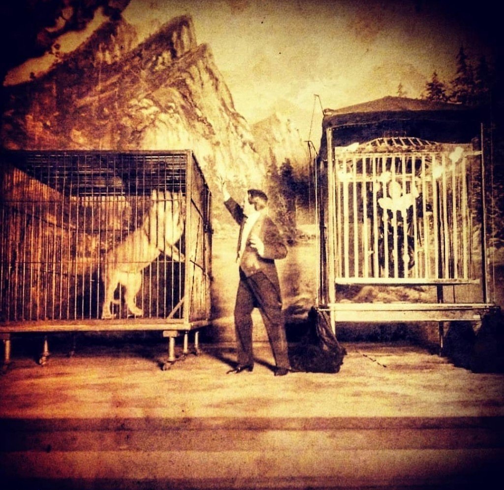Sepia photograph showing the magician Howard Thurston standing between two cages on a stage with painted mountain scene backdrop. Real lion in case on the left, real woman in cage on the right. 