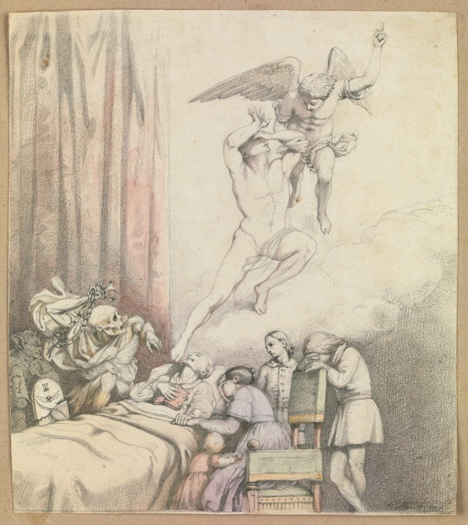 Figure of man dead in bed, family group grieving at beside, a skeletal figure with manacles cowering on left as an angel bears the man's soul up into the clouds.
