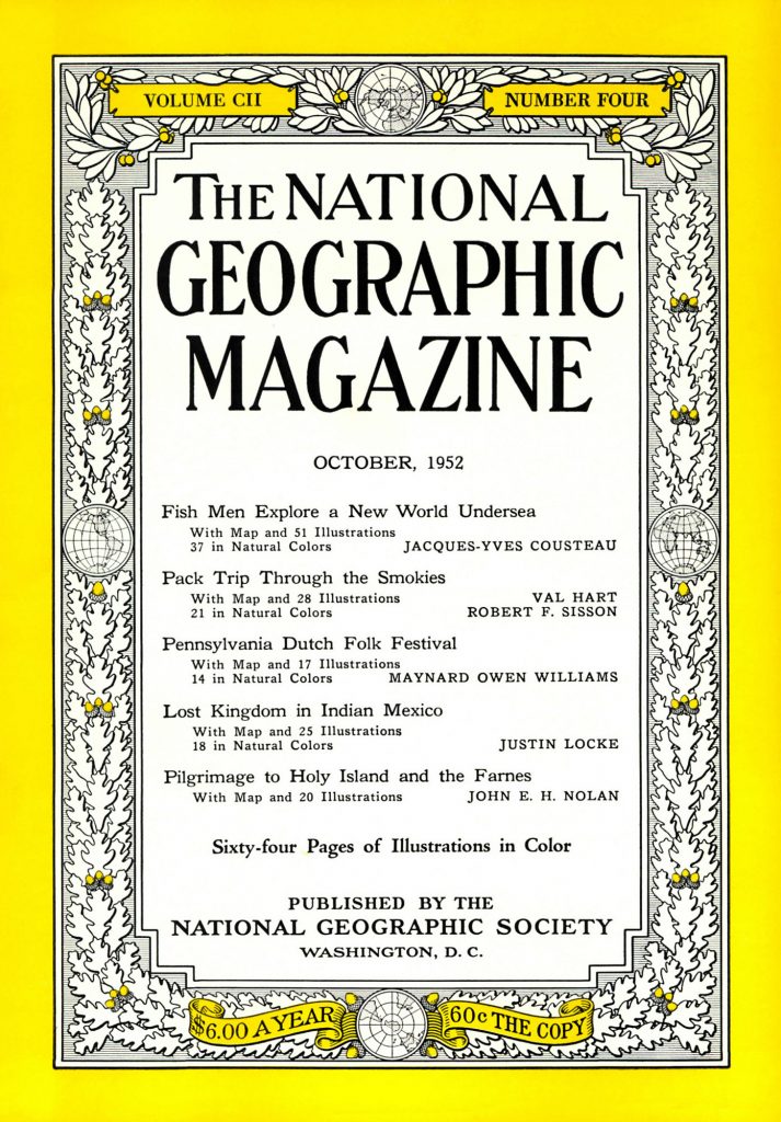 front cover of national geographic magazine from 1952 0 yellow border with black text on a white background