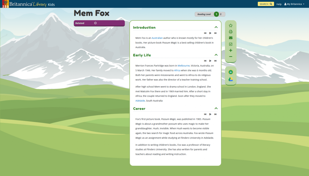 Screenshot of Britannica Kids article on Mem Fox