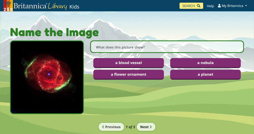 Screenshot of a 'Do you know' quiz question on the landing page of Britannica Kids. Reads: 'Name that image' - What does this picture show? A blood vessel / a nebula / a flower ornament / a planet - Image is a blossoming red shape against a black background.