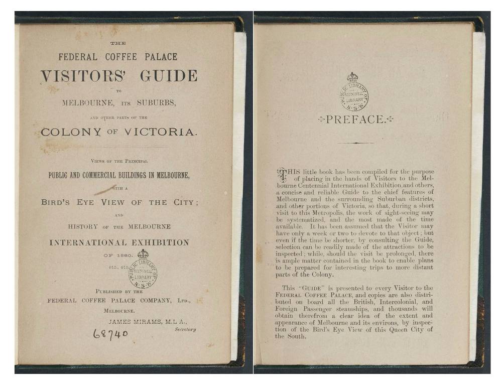 Title page and preface of the Federal Coffee Palace visitors' guide to Melbourne, 1880.