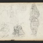 Page from Ashton's sketchbook, with sketches of characters from the Mikado performance.