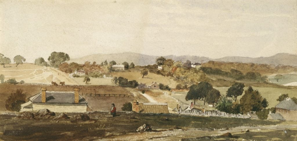 watercolour painting of the original stockade with cleared land, houses and fences beyond.