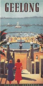Illustration looking out to Cario Bay showing a staircase, fountain, children's pool and fenced in sea bathing area. 