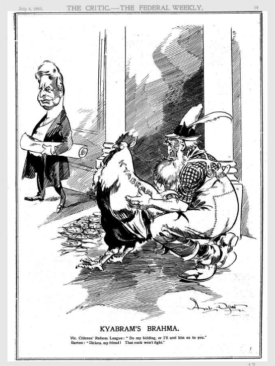 Cartoon of Edmund Barton and the Kyabram 'chook'
