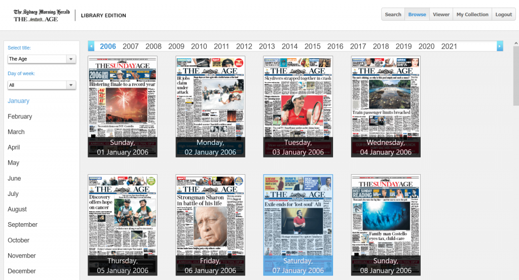 Screenshot of digital editions of The Age newspaper, showing options to view copies from various years