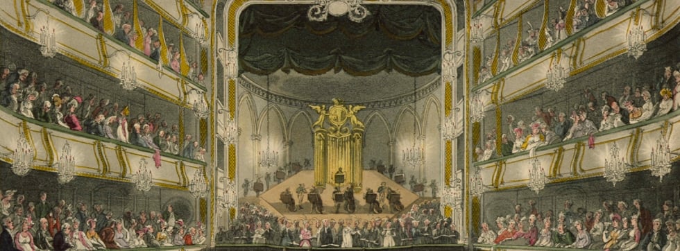 Illustration of an orchestral performance in a theatre with audiences in the wings