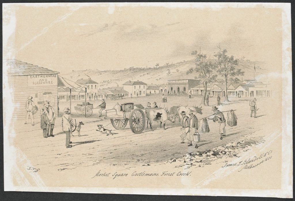 Illustration of scene in Market Square, Forest Creek in 1855. In the foreground are bullocks pulling a cart of goods, and Chinese gold diggers walking along the road. There are shops in the background.