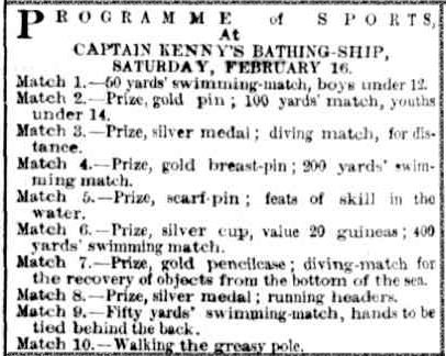 Newspaper advertisement lists programme of scheduled sporting events to be held at Captain Kenney's bathing ship 