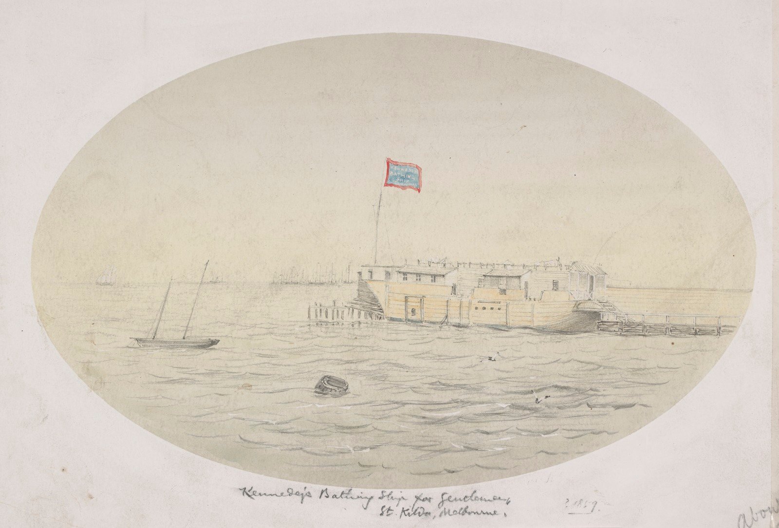 Watercolour painting of Captain Kenney's bathing ship anchored by St Kilda pier 