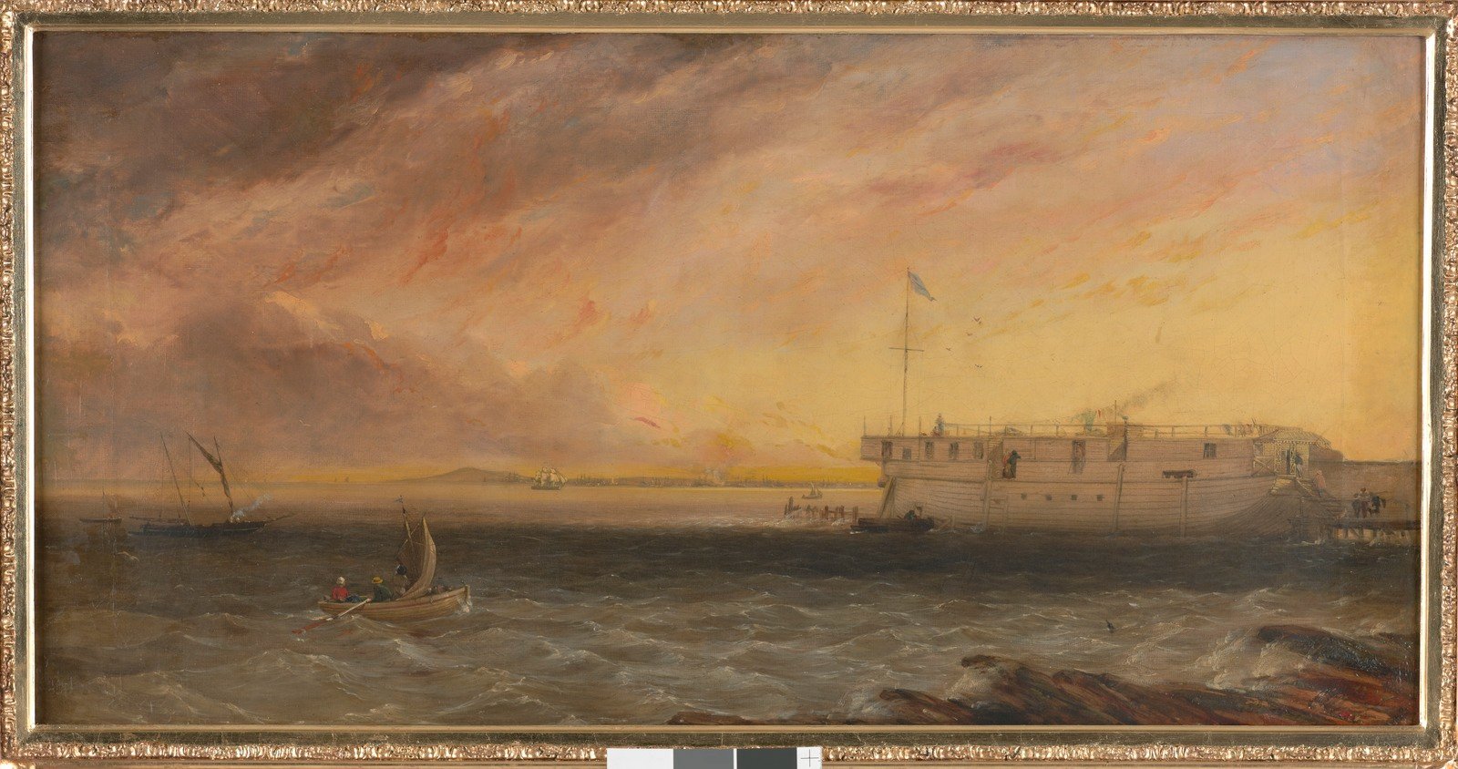 Oil painting depicts Captain Kenney's bathing ship moored at St Kilda Pier 