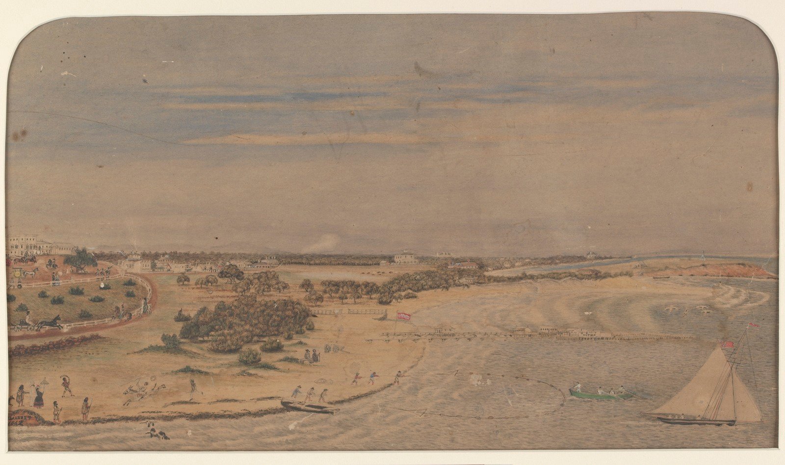Watercolour painting depicts elevated view of St Kilda foreshore and Point Ormond beyond. Captain Kenney's bathing ship with paddock fence is visible in foreground
