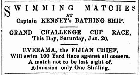 Newspaper advertisement for swimming matches at Captain Kenney's bathing ship.