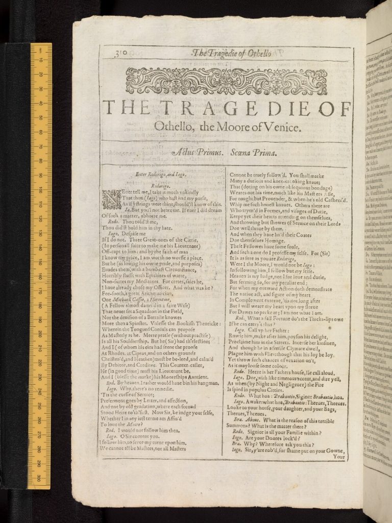 image of page from the First Folio - open to the title page for The Tragedie of Othello.