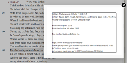 Screenshot of text from Othello highlighted with citation shown in pop-up box.