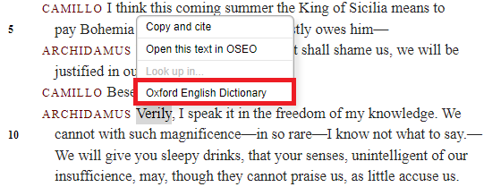 Screenshot of he word 'verily', highlighted, and 'Oxford English Dictionary' selected from pop-up menu.