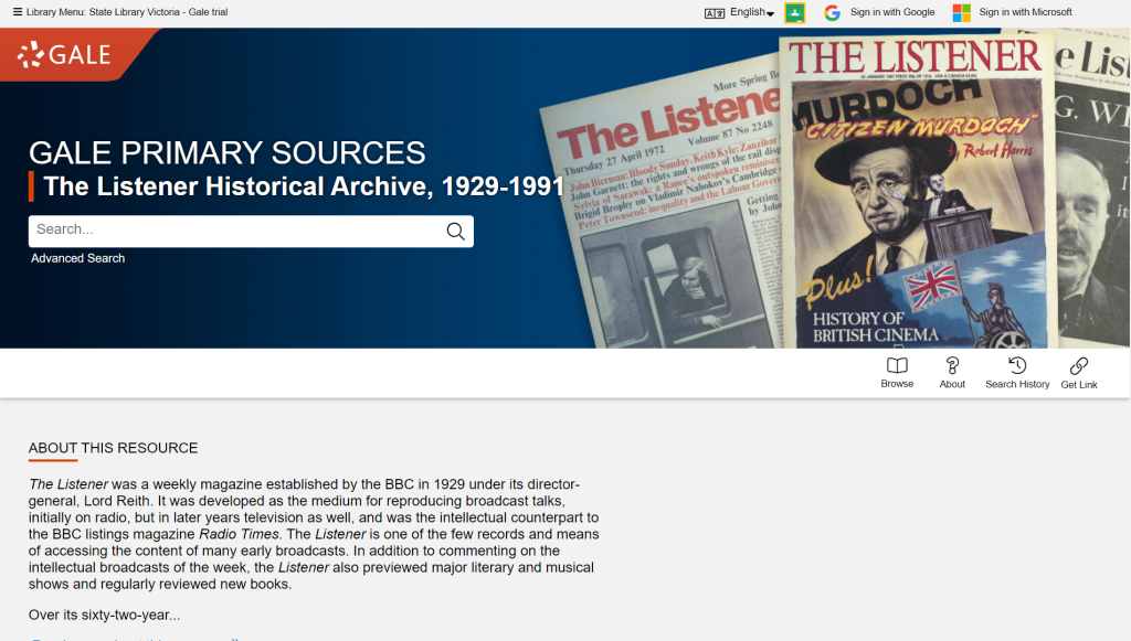 Sceenshot of landing page of the Listener historical archive database