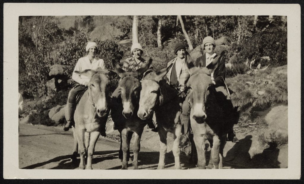 Four women on horseback pose for the camera on a road at Mount Buffalo. Rocks and trees behind them. 