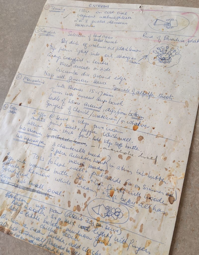 Photo of food-splattered, handwritten recipe notes