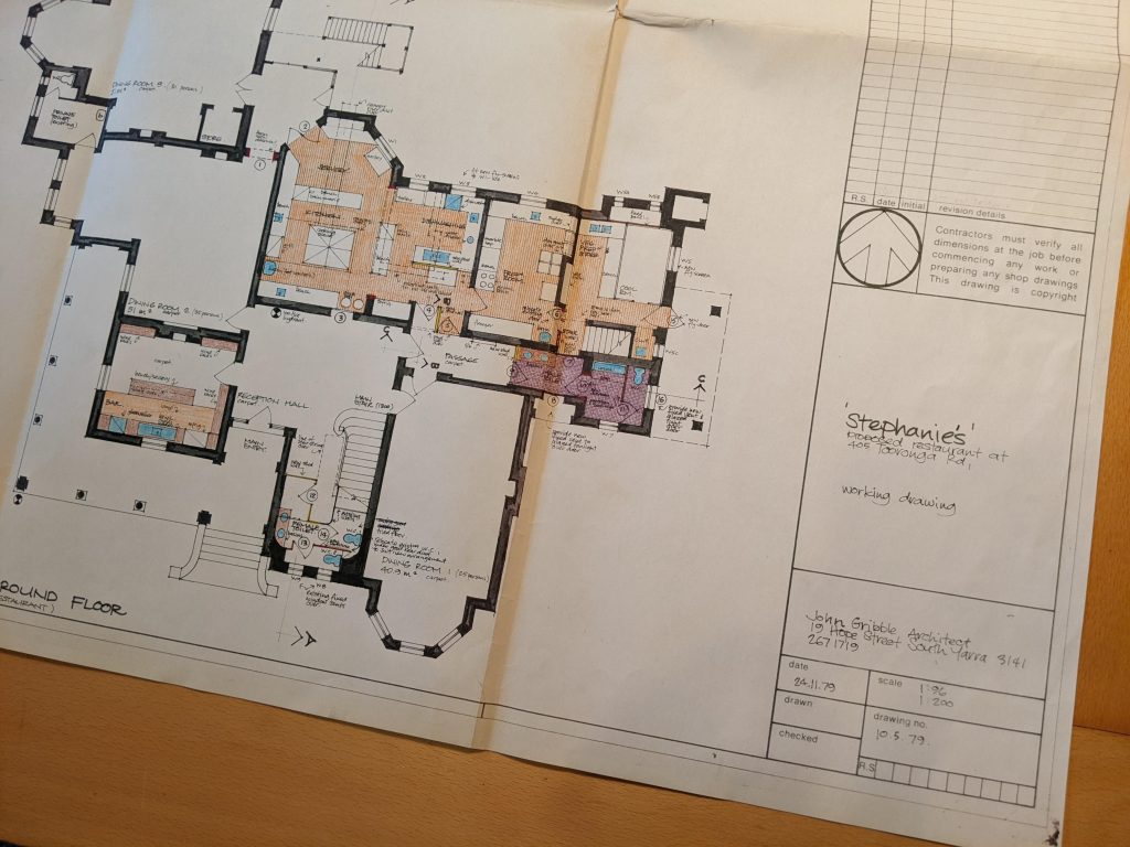Photo of architectural plans for Kawarau - Stephanie's Restaurant' - 405 Tooronga Road, Hawthorn