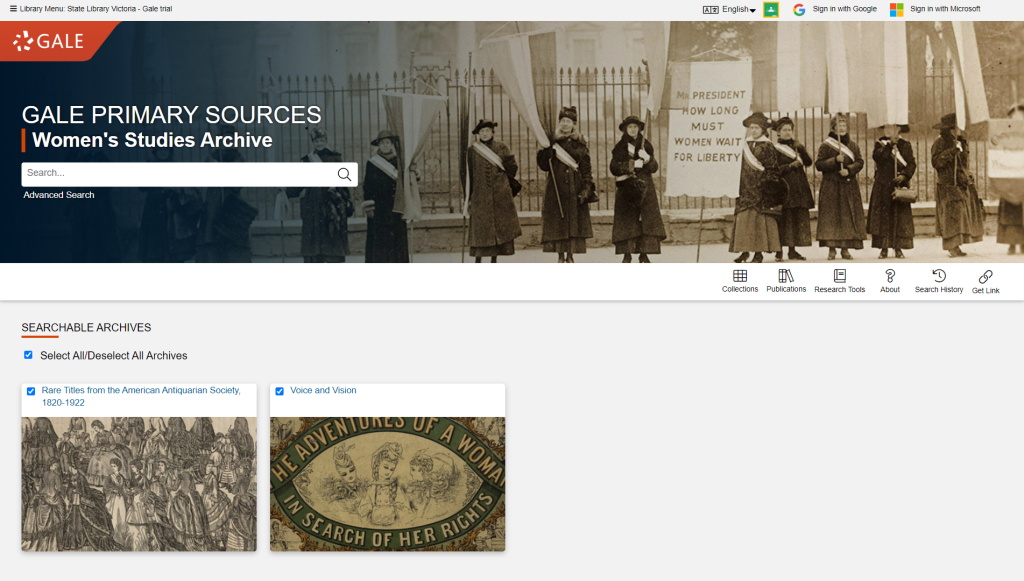 Screenshot of landing page of Women's studies archive database