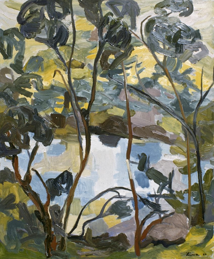 photograph of oil painting, view through trees to a waterway beyond