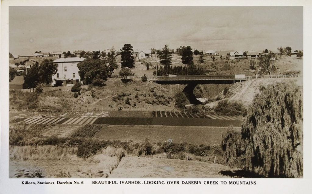 Black and white photo depicting view of Ivanhoe - looking over Darebin Creek to the mountains