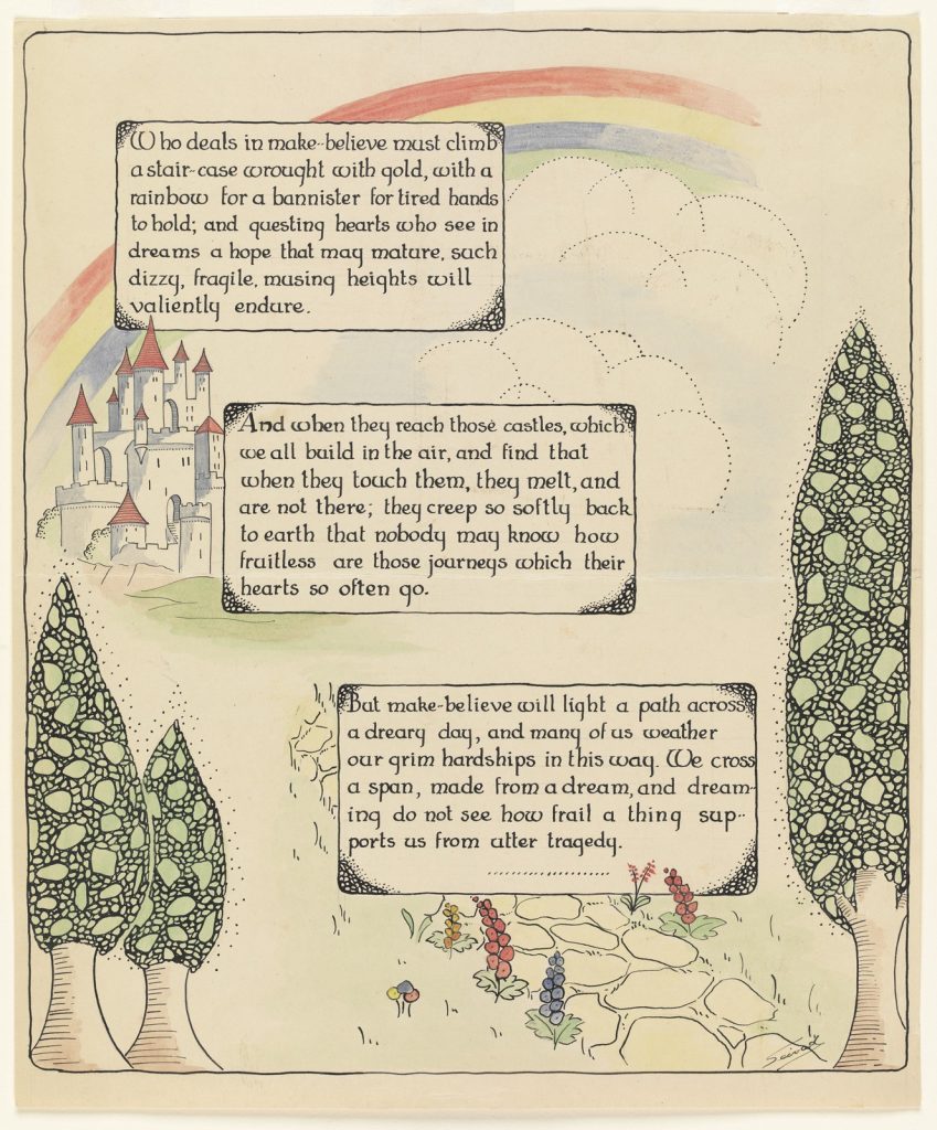 Colour illustration depicts a garden path and trees leading to a castle in the background. Verses are superimposed over the path in the form of stairs.