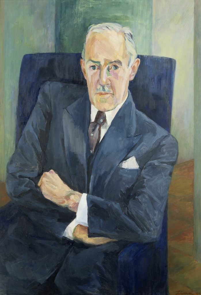oil painting, portrait of Tristan Buesst, wearing a navy blue suit, white shirt and dark tie, seated, arms crossed