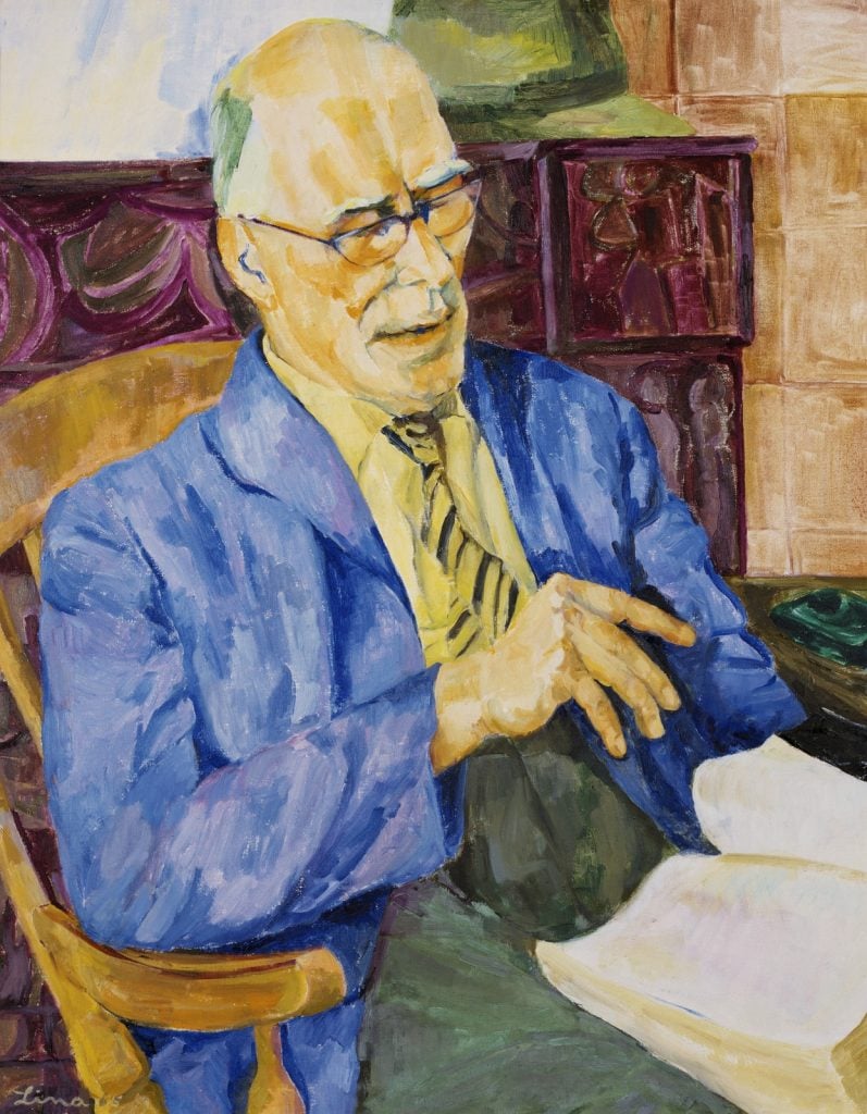 oli painting, portrait of Adrian Lawlor, wearing a yellow shirt, striped tie and mid blue jacket, with an open book on his lap