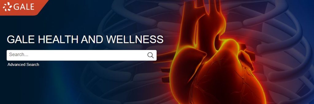 Screenshot showing the Gale Health and Wellness database heading and search box, next to illustration of red heart glowing inside rib cage.