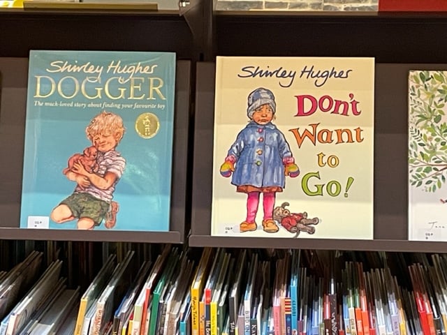 Photograph of shelf displaying 'Dogger' and 'Don't Want to Go!' books by Shirley Hughes.