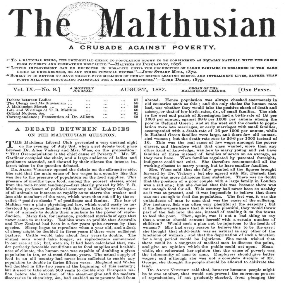 Image of article in The Malthusian - "A Debate Between Ladies on the Malthusian Question"
