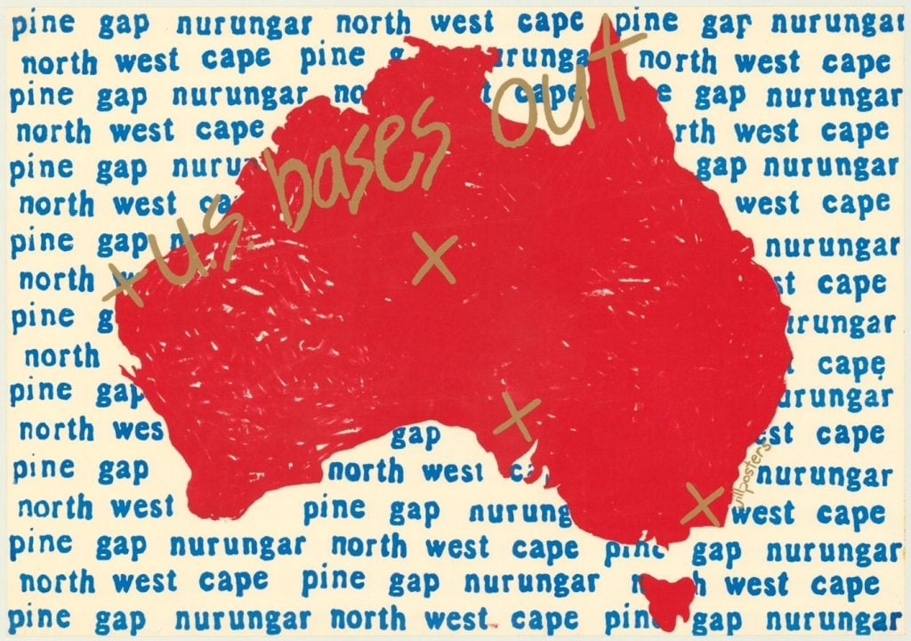 Red map of Australia with 'U.S. bases out' written over the map. Background is repeating text 'pine gap nurungar north west cape'.