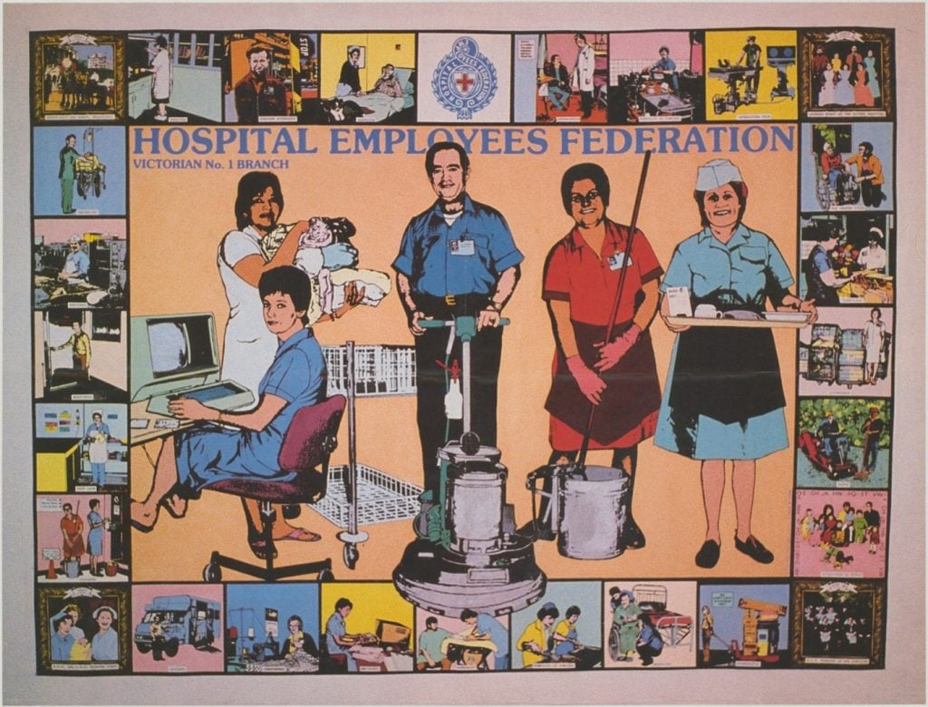 Image shows from left to right woman seated at computer, woman standing holding laundry, man with floor cleaning machine, woman with mop and bucket, woman holding tray of food. Main text reads: 'Hospital employees federation Victorian No. 1 Branch"