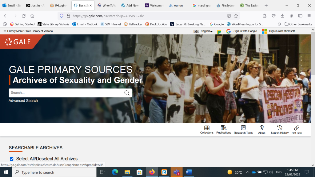 Screen shot showing home page of the Archives of Sexuality and Gender database.