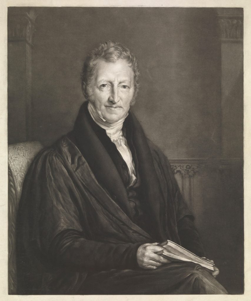 Portrait of Thomas Robert Malthus, seated wearing black robes, holding a book