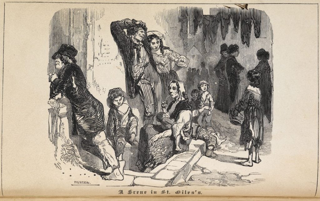 Illustration of poor people siting in an alleyway, including children.