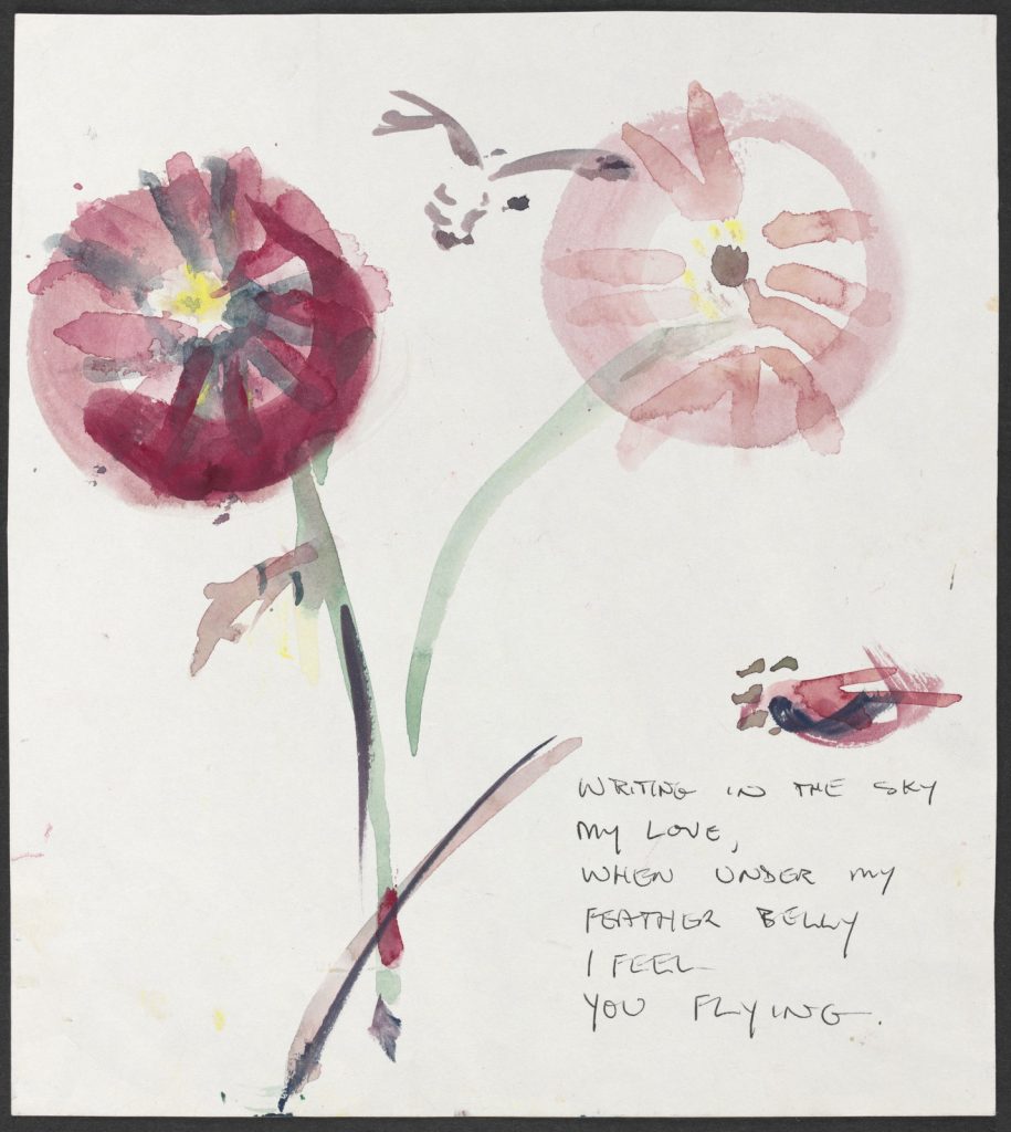 Watercolour painting of pink flowers with a handwritten verse to the right. Verse reads 'Writing in the sky my love, when under my feather belly I feel you flying.'