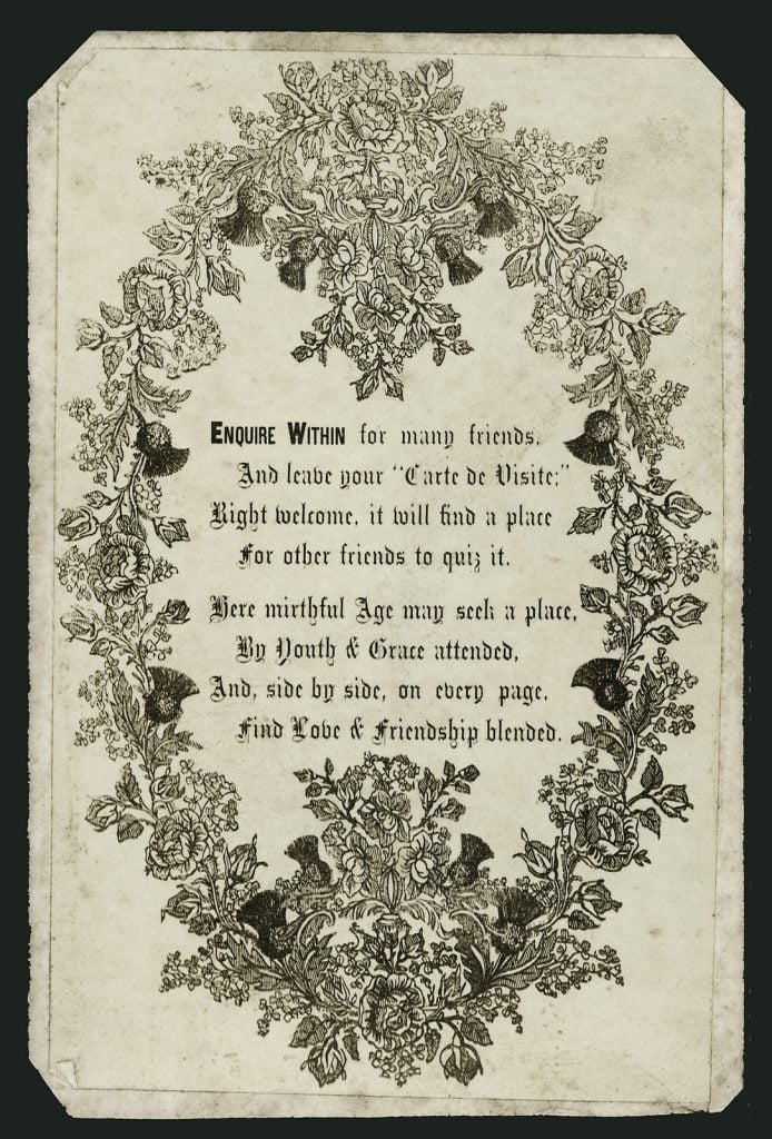 Two verses and images of flowers printed on cartes de visite