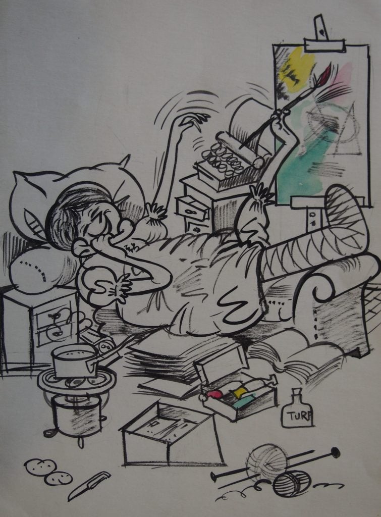 Playful sketch of an artist in bed with a broken leg on the telephone and painting with her toes