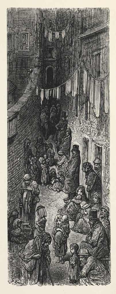 Engraving of a laneway in a slum area, depicting washing hanging from windows in the ally and poor families standing in doorways and in the ally.