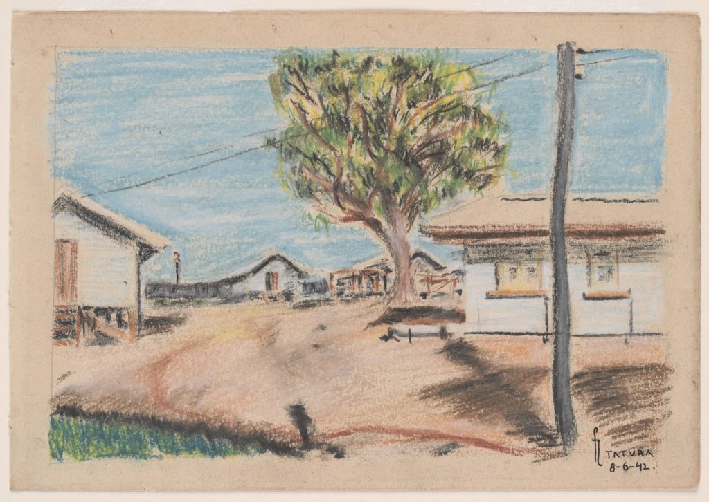 Coloured drawing of huts with a telegraph pole and wires in the foreground, and a tall tree.