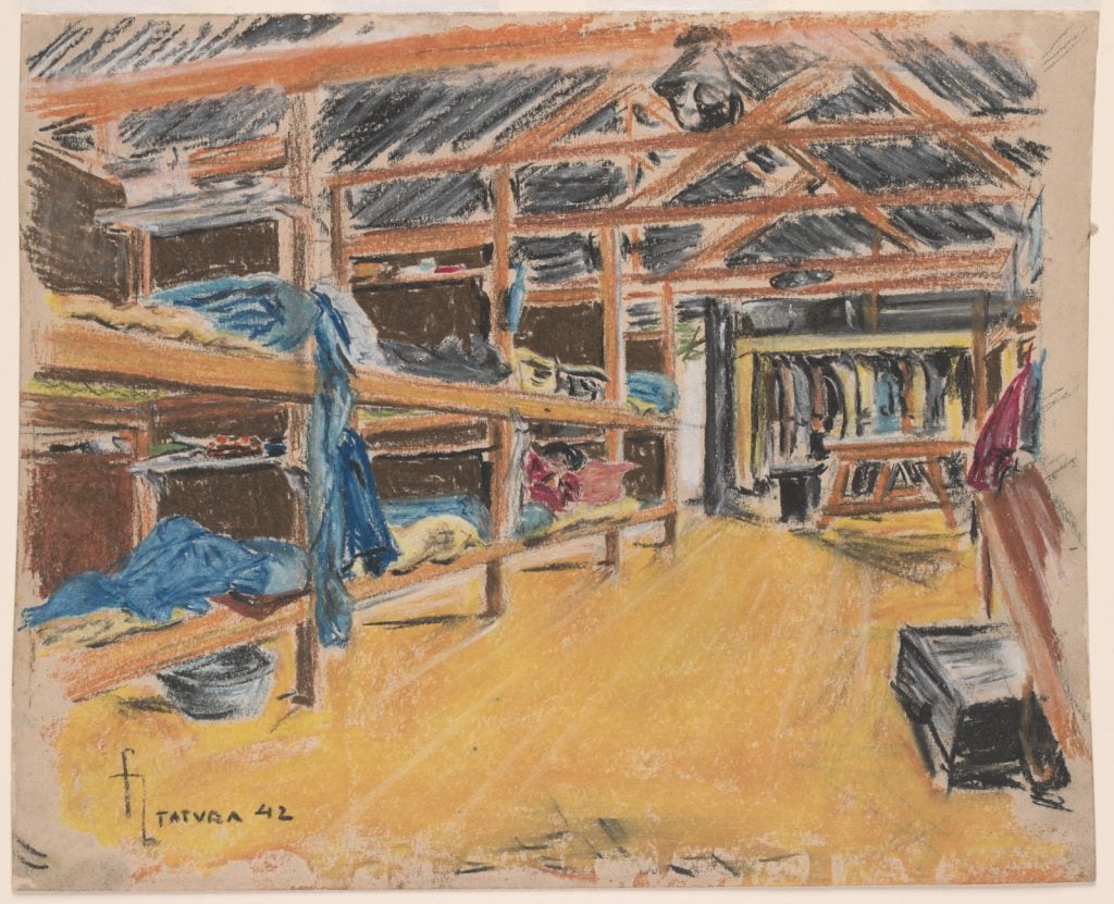 coloured drawing, view of the interior with bunks, vaulted ceiling with timber framing visible, a suitcase under a bed, and wardrobe hanging coats at the rear.