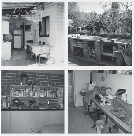 photographs of work spaces, outdoor kitchens, sewing room, workshop
