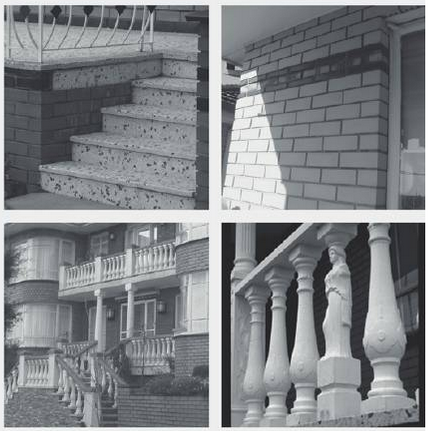 photographs of architectural details - terrazzo floor, brick detailing, concrete balustrades