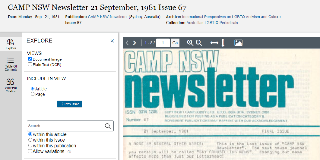 Search result for CAMP NSW 1981 newsletter.