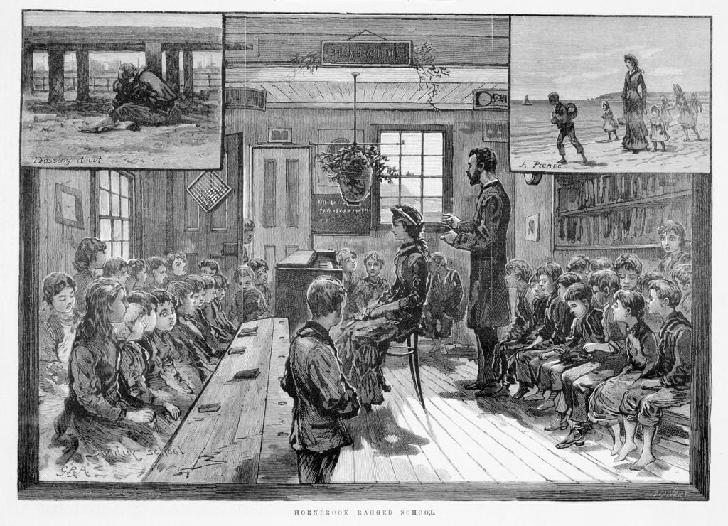 
Interior view of classroom, situated off Little Lonsdale Street, Melbourne, 1884.
Dossing it out -- A picnic -- Sunday school.