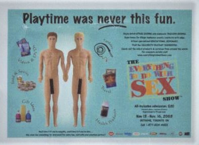 Magazine advertisement featuring plastic same sex dolls holding hands